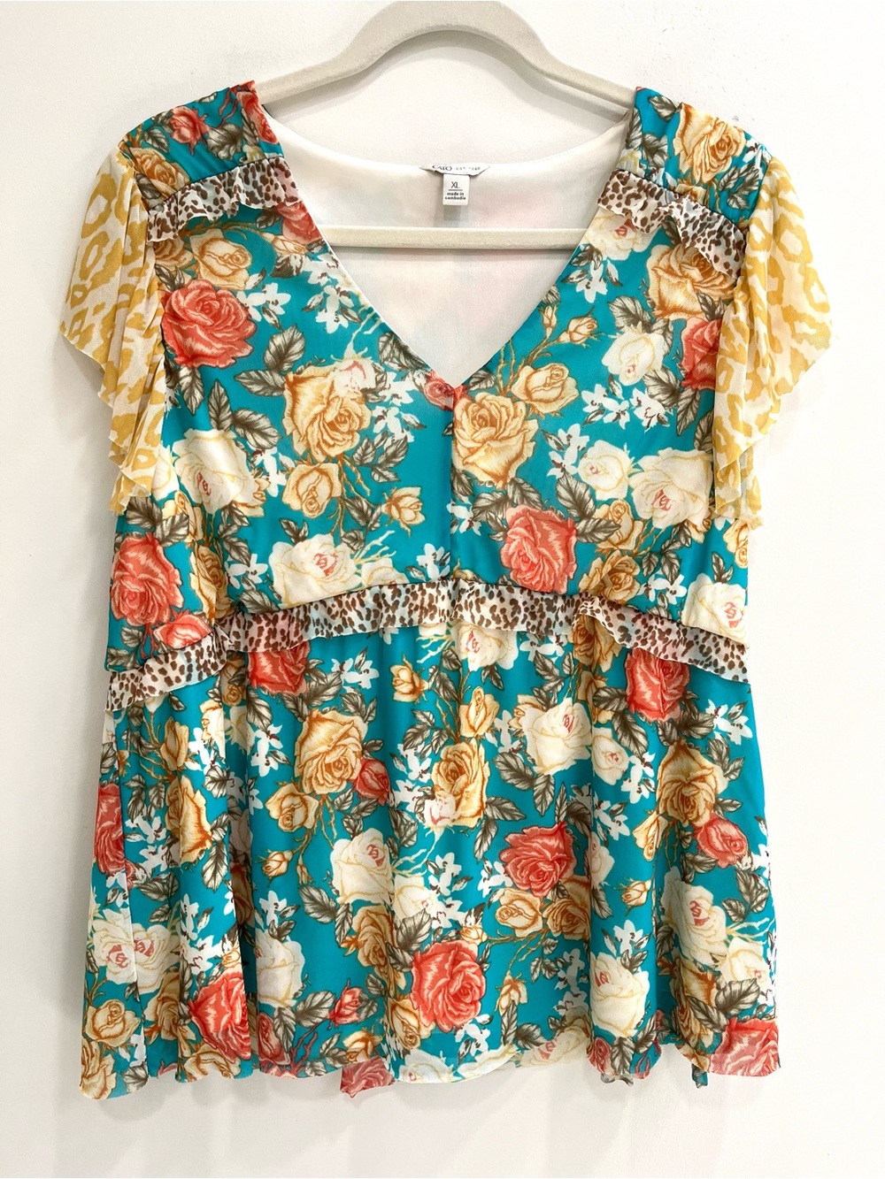 Cato mesh floral y2k fairy baby doll short sleeve top ruffles mixed media XL
